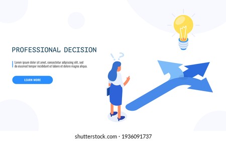 Choice process. Direction choose options, solution, decision. Woman thinking. Isometric web banner. Vector illustration.