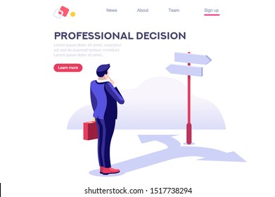 Choice process flat vector illustration. Direction choose options, solution, decision. Abstract confuse concept, confusion symbol. Making person, visualization of professional life. Arrow and question