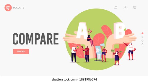 Choice, Pros and Cons Landing Page Template. People Make Important Decision. Tiny Characters at Huge Hands with A and B Comparison, Choose Advantages and Disadvantages. Cartoon Vector Illustration