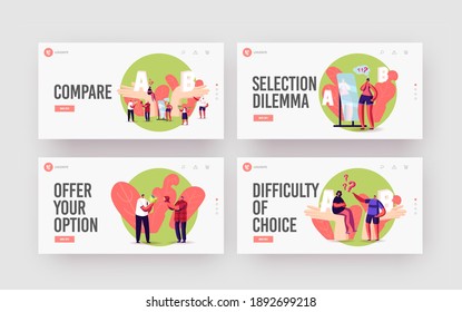Choice, Pros and Cons Landing Page Template Set. People Make Important Decision. Tiny Characters at Huge Hands with A and B Comparison, Choose Advantages and Disadvantages. Cartoon Vector Illustration