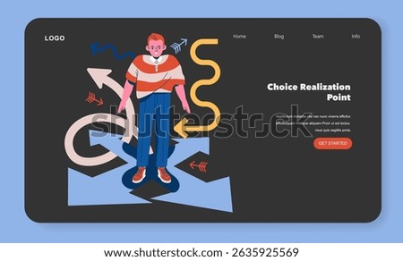 Choice realization point illustration. A person stands at a crossroads surrounded by various directional arrows. This visual represents decision-making and navigating choices effectively. Vector