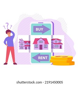 The choice of renting an apartment or buying a house.Vector flat illustration.A man thinks about housing.Facade of a suburban house.Mobile app rent.