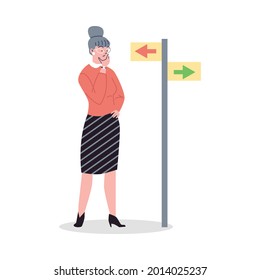 Choice right direction. Woman stands by arrows, makes decision, chooses correct way in flat cartoon style vector illustration. Female character is in doubt choosing right path.