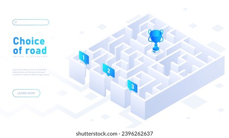 Choice of road white poster. Maze and labyrinth to blue goblet. Business strategy and planning. Landing page design. Cartoon isometric vector illustration isolated on white background