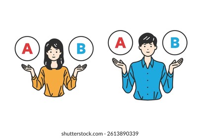 Choice Scale – Comparison and Uncertainty Icons. A person weighing options like AB or “?”. Great for visualizing decisions, doubt, or comparisons in business, education, and web content.