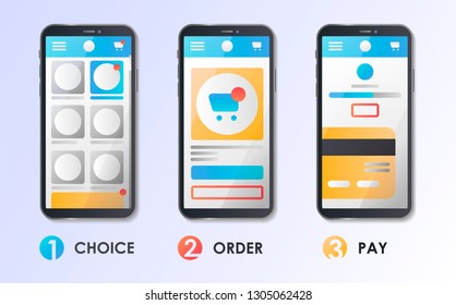 Choice, Select, Order, Pay. Material Design UI/UX/GUI Screens. Mobile apps kit template. User interface display. Concept for web page, banner, presentation, smm, ad, banner. Flat vector illustration.