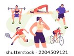 Choice of sport, physical activity concept. Woman thinking, choosing between workout options variety, fitness, gym, jogging, bicycle. Flat graphic vector illustrations isolated on white background