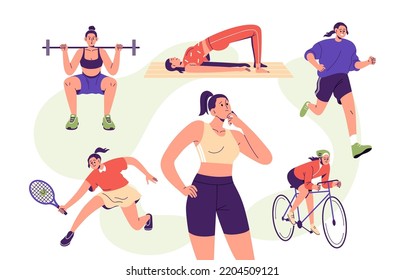 Choice sport  physical activity concept  Woman thinking  choosing between workout options variety  fitness  gym  jogging  bicycle  Flat graphic vector illustrations isolated white background