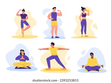 Choice of sport set. Man and woman doing physical exerssices. Strong guys and stretches girls. Workout and yoga, bodybuilding. Cartoon flat vector collection isolated on white background