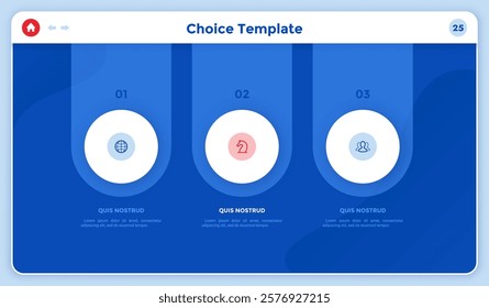 Choice Template with 3 round buttons infographic chart design. Business company data presentation website with color icons and text blocks. Graphics with three steps on blue background