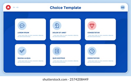 Choice template with 6 rectangular frames infographic chart design. Offering options to website customer infochart with thin line icons. Instructional graphics with six steps for internet banners