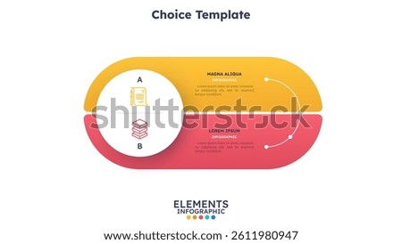 Choice template infographic featuring comparison of two options, presented in a visually appealing design. Colorful circular shape divided into 2 parts with icons.