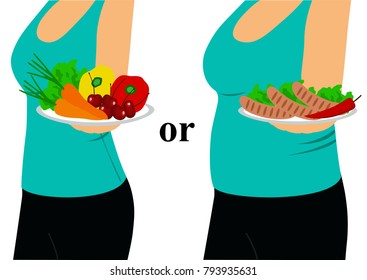 The choice. Thin and fat. Proper nutrition. Incorrect food. Girl with a bowl. Healthy eating. Healthy Lifestyle. Vector illustration.