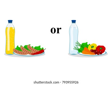 The choice. Thin and fat. Proper nutrition. Incorrect food. Healthy eating. Healthy Lifestyle. Vector illustration.