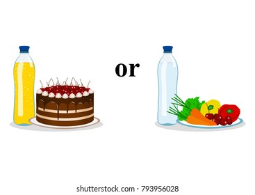 The choice. Thin and fat. Proper nutrition. Incorrect food. Healthy eating. Healthy Lifestyle. Vector illustration.