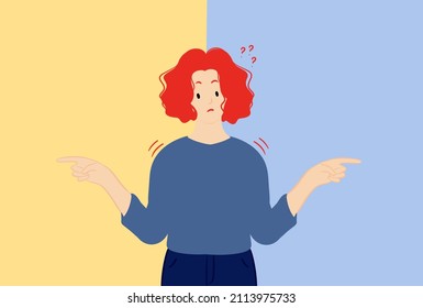 Choice, thinking, doubt, the concept of the problem. A young thoughtful thoughtful confused doubtful woman girl cartoon character stands and chooses between two colors or ways pointing to the other si