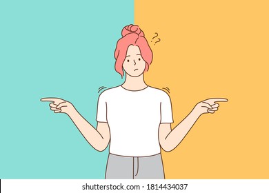 Choice, thinking, doubt, problem concept. Young pensive thoughtful confused doubtful woman girl cartoon character standing and choosing between two colors or ways pointing in other sides illustration.