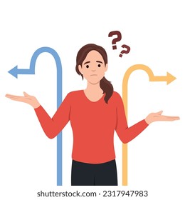 Choice, thinking, doubt, problem concept. Young pensive thoughtful confused doubtful woman girl cartoon character standing and choosing between two ways. Flat vector illustration isolated on white bac