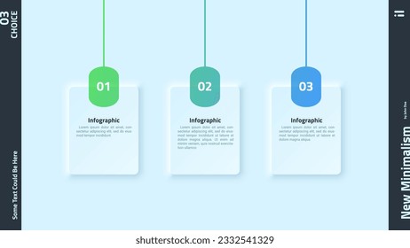 Choice with three paper white squares placed in horizontal row. Concept of 3 stages of strategy development. Simple infographic design template. Modern neumorphic vector illustration.