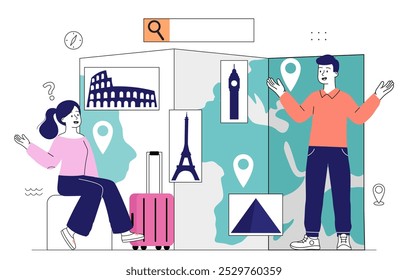 Choice of travel. Man and woman near map and silhouette of landmarks. Traveling around Europe. Holiday and vacation. Trip and tourism. Linear vector illustration isolated on white background