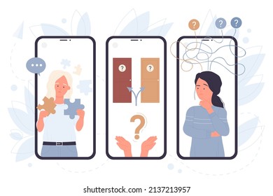 Wahl von zwei Türen und alternative Optionen, Puzzle-Puzzle-Puzzle-Spiel von verwirrten Menschen auf Bildschirmen von Mobiltelefonen Vektorgrafik. Cartoon-Personen mit schwierigen Fragen und Herausforderungen