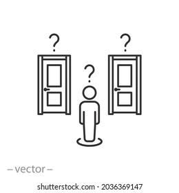 choice from two door icon, pathway uncertainty question, make right step, man difficult challenge in career, option road opportunity, lost person, thin line symbol, editable stroke vector illustration