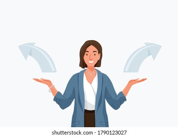 Choice vector background. Happy young business woman comparing variants, choosing between something in both flat hands gesture. Arrows indicate direction selection. Flat illustration in cartoon style.