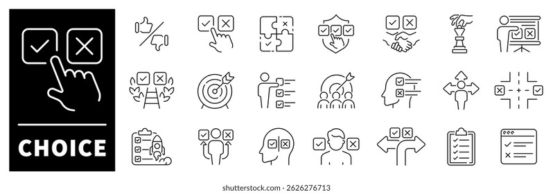 Ícones de opção de vetor. Conjunto de ícones de linha fina relacionados a escolha e solução. Decisão, opção, seleção, dilema, seleção, preferência, teste, ícones de seleção. Ícones de escolha no estilo de linha