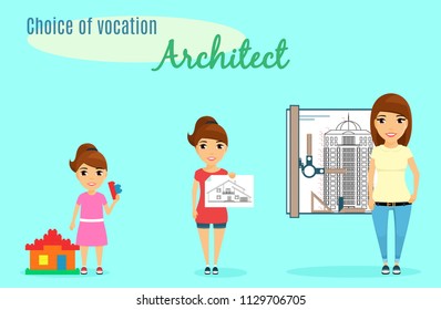 Choice of vocation. Profession architect. The little girl chose the profession of architect since childhood. A little girl is building a house with the help of children's building blocks. 
