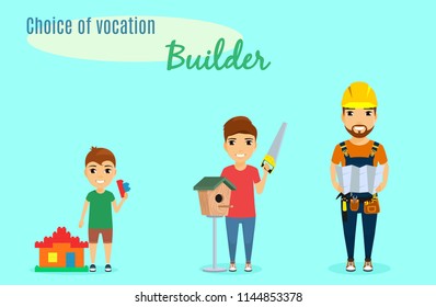 Choice of vocation. Profession Builder. A little boy from childhood chose the profession of Builder. A little boy is building a house with the help of children's building blocks.