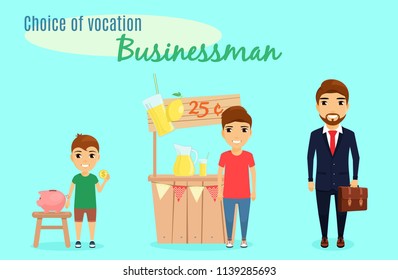 Choice of vocation. Profession businessman. A little boy from childhood chose the profession of a businessman. A little boy with a piggy Bank. Boy teen sells lemonade.