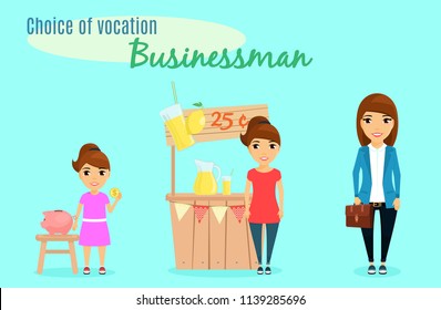 Choice of vocation. Profession businessman. A little girl from childhood chose the profession of a businessman. A little girl with a piggy Bank. Teenage girl sells lemonade.
