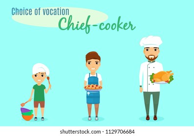 Choice of vocation. Profession cook. The little boy chose the profession of cook since childhood. A little boy holds a large spoon in his hand. Schoolboy with pie. 