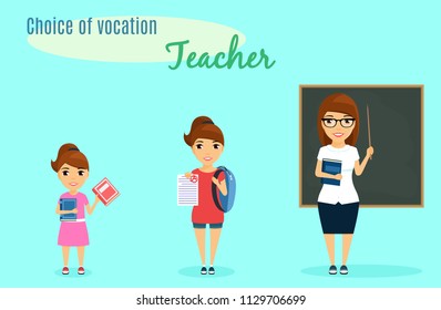 Choice of vocation. The profession of teacher. The little girl chose the profession of teacher since childhood. A little girl holding a book. The schoolgirl received the highest score. 