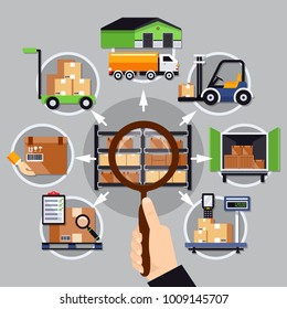 Choice of warehouse composition on grey background with magnifier in hand, logistic services vector illustration
