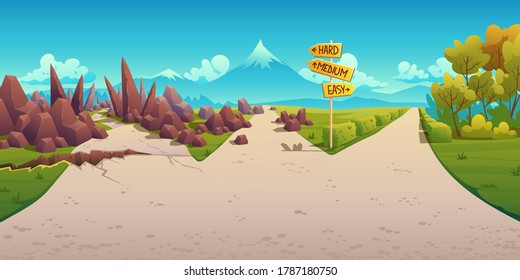 Choice of way between hard, medium and easy. Landscape with road fork sign pointing on curvy path with crack, rocks and straight simple road. Problem of choosing direction, Cartoon vector illustration