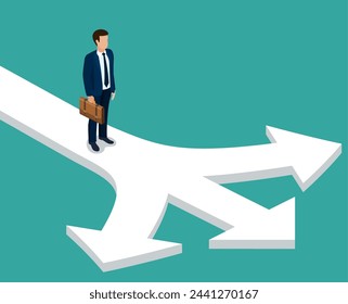 Choice way concept 3d isometric. Businessman before choosing. Crossroads arrows. Decide direction. Human standing choice of ways. Vector illustration flat style