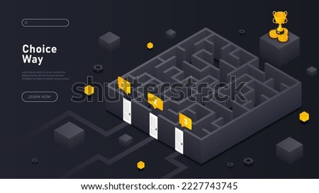 Choice way concept. Big maze. Modern technologies and digital world. Finding solution and analytics process. Poster or banner for website in futuristic style. Cartoon isometric vector illustration
