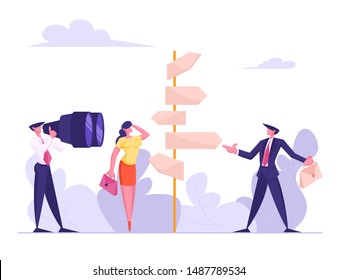 Choice Way Concept with Confused Business People Stand at Road Pointer with Hard and Easy Directions, Making Decision what Path to Choose. Crossroad Life Challenge Cartoon Flat Vector Illustration