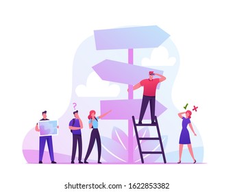 Choice Way Concept with Confused Business People Stand at Road Pointer with Hard and Easy Directions, Making Decision what Path to Choose. Crossroad Life Challenge. Cartoon Vector Illustration