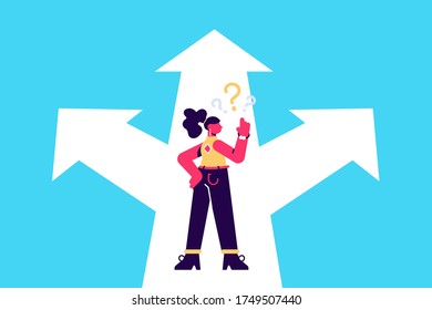 Choice way concept. Decision business metaphor. Vector flat style design. Isolated on background. Businessman before choosing. Crossroads arrows. Decide direction. Human standing choice of ways.