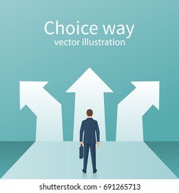 Choice way concept. Decision business metaphor. Vector flat style design. Isolated on background. Businessman before choosing. Crossroads arrows. Decide direction. Human standing choice of ways.