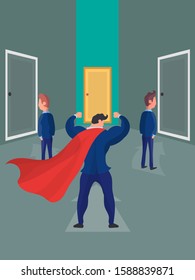 Choice of the way concept. Solution business metaphor. Vector flat design. Super businessman before you choose. Crossroads of arrows. Determine the direction. Man standing a choice of paths