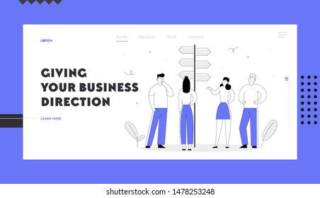 Choice Way Concept Website Landing Page. Business People Stand at Road Pointer with Hard Making Decision what Path to Choose. Crossroad, Challenge Web Page Banner. Cartoon Flat Vector Illustration