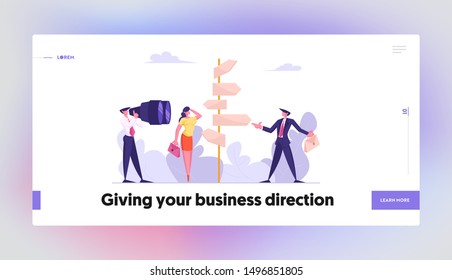 Choice Way Concept Website Landing Page. Confused Business People Stand at Road Directions Pointer Making Decision what Path to Choose. Crossroad Web Page Banner. Cartoon Flat Vector Illustration