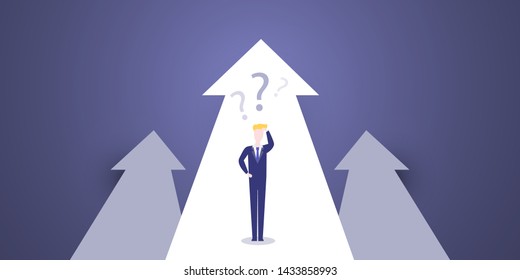 Choice, Way, Direction Design Concept - Decisions, Businessman Choosing,   Deciding the Next Step - Man Standing in Front of an Arrow, Vector Illustration