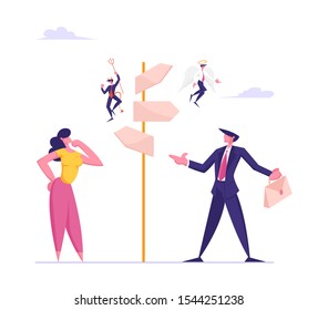 Choice Way and Doubts in Business Life Concept. Businessman and Businesswoman Stand on Crossroad Fork with Angel and Demon Sitting on Pointer Choose Road Direction. Cartoon Flat Vector Illustration