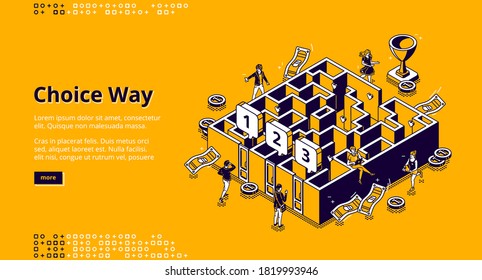 Choice Way Isometric Landing Page, Business Men Choose Between Three Doors To Enter In Maze, Employees Overcoming Labyrinth Challenge, Aim Achievement, Task Solutions, 3d Vector Line Art Web Banner