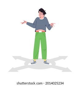 Choice way. Man stands at crossroads arrows, makes decision, chooses right direction in flat cartoon style, isolated vector illustration. Male character is in doubt choosing the right road.