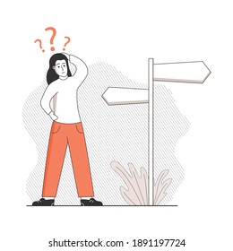 Choice way signpost.Woman standing difficult choice.Where is the direction to go.Young girl at road pointer.Outline character  question .The female thinks.Vector flat.